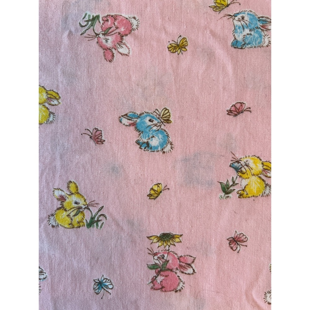 Fabric Vintage 70s/80s Pink Nursery Bunny Rabbits Butterflies Flowers Washed BTY